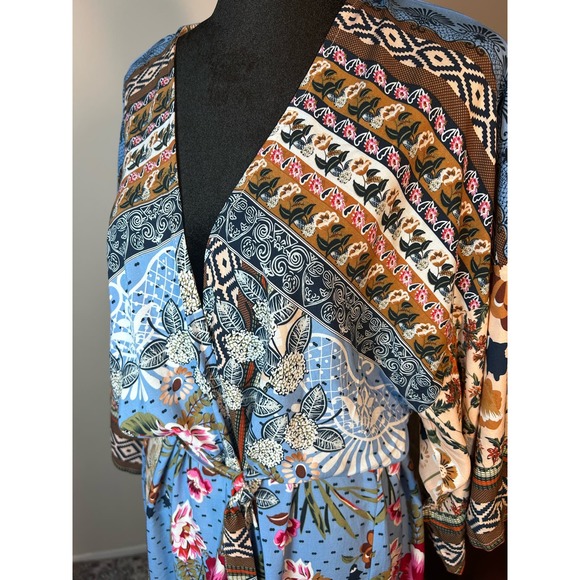 Floral Boho Kimono One Size Brown Blue Multicolor Bohemian Robe Swimsuit Coverup - Picture 4 of 8